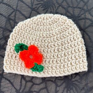 Handmade Crochet Beanie Hat with Orange Flower